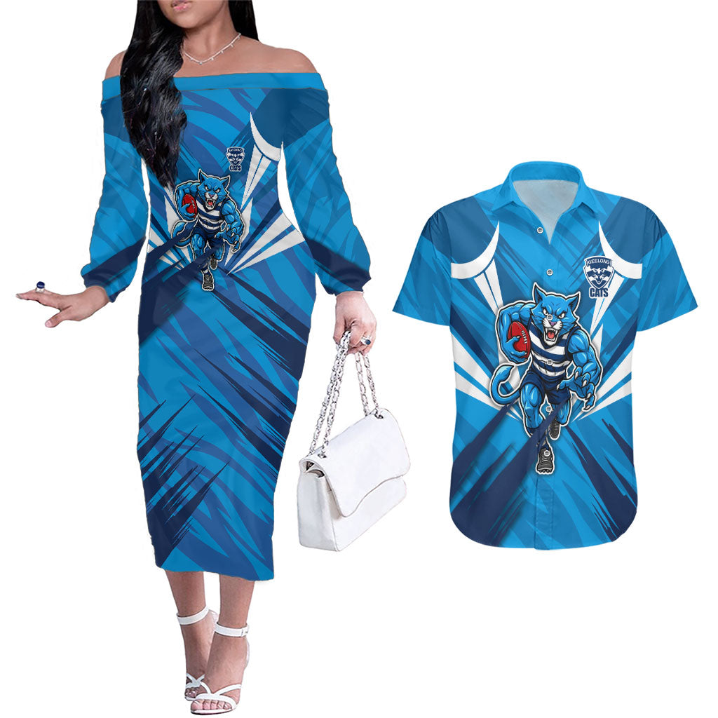Geelong Cats Australian Football Couples Matching Off The Shoulder Long Sleeve Dress and Hawaiian Shirt Fierce Wildcat Mascot - Bold Team Colors