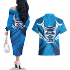 Geelong Cats Australian Football Couples Matching Off The Shoulder Long Sleeve Dress and Hawaiian Shirt Fierce Wildcat Mascot - Bold Team Colors