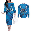 Geelong Cats Australian Football Couples Matching Off The Shoulder Long Sleeve Dress and Long Sleeve Button Shirt Fierce Wildcat Mascot - Bold Team Colors