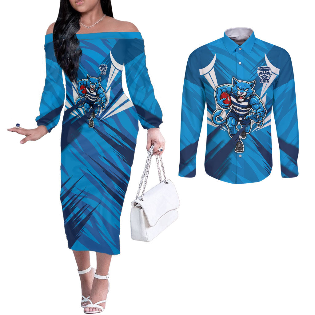 Geelong Cats Australian Football Couples Matching Off The Shoulder Long Sleeve Dress and Long Sleeve Button Shirt Fierce Wildcat Mascot - Bold Team Colors