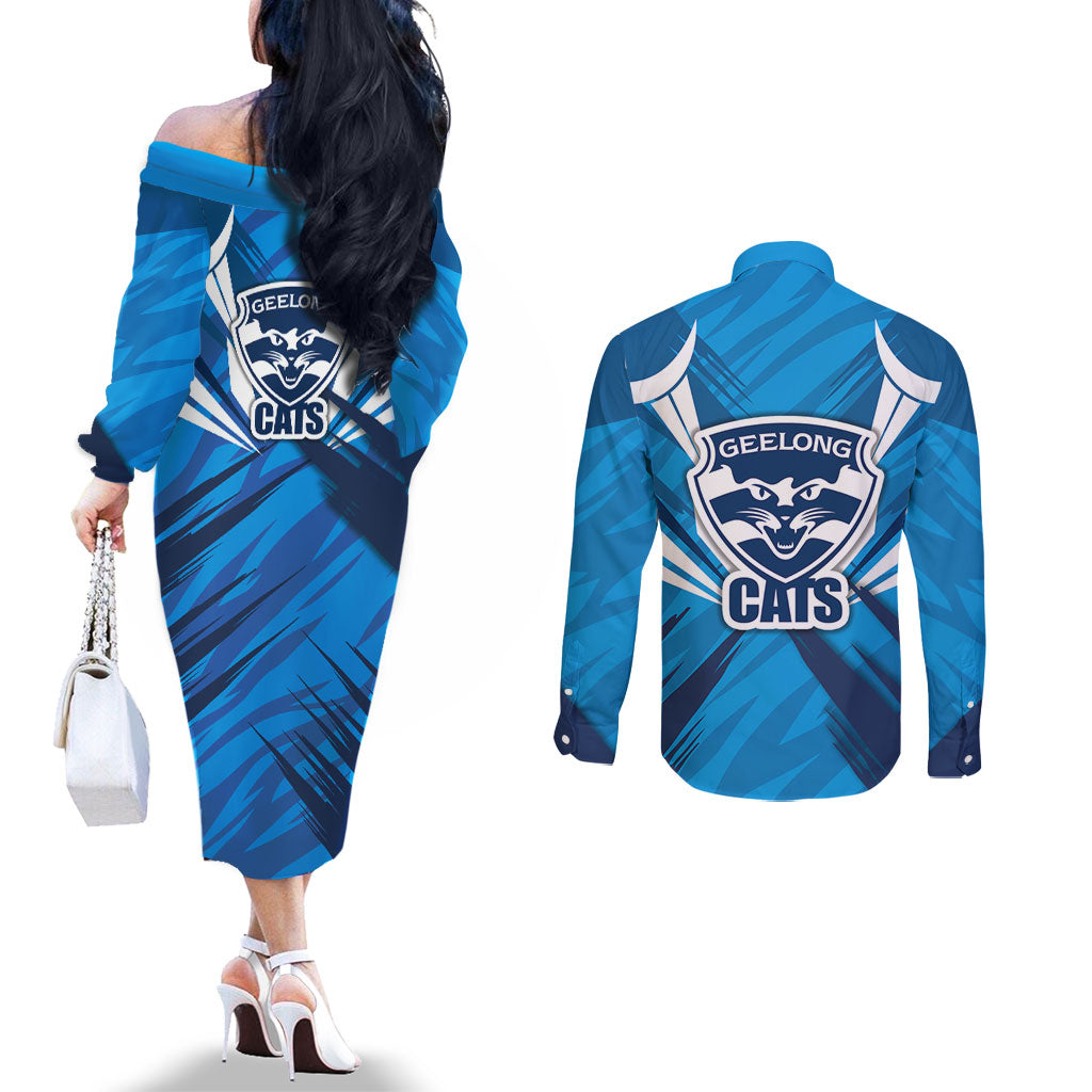 Geelong Cats Australian Football Couples Matching Off The Shoulder Long Sleeve Dress and Long Sleeve Button Shirt Fierce Wildcat Mascot - Bold Team Colors