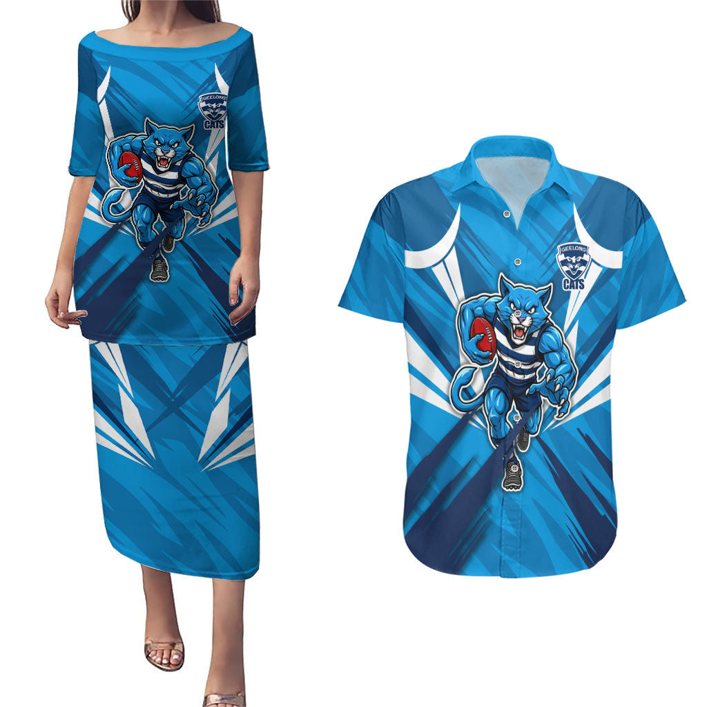 Geelong Cats Australian Football Couples Matching Puletasi and Hawaiian Shirt Fierce Wildcat Mascot - Bold Team Colors