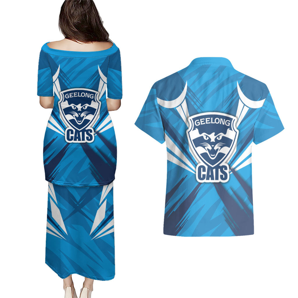Geelong Cats Australian Football Couples Matching Puletasi and Hawaiian Shirt Fierce Wildcat Mascot - Bold Team Colors