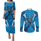 Geelong Cats Australian Football Couples Matching Puletasi and Long Sleeve Button Shirt Fierce Wildcat Mascot - Bold Team Colors