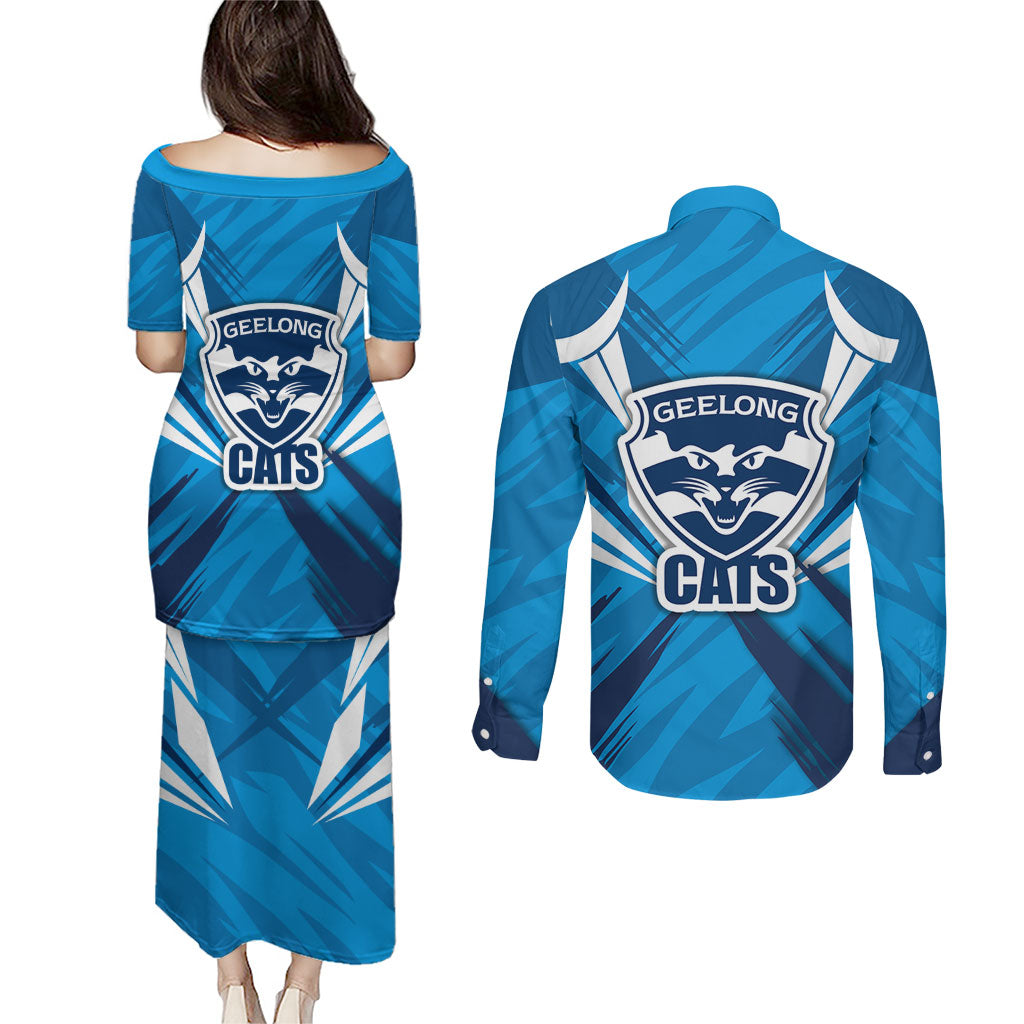 Geelong Cats Australian Football Couples Matching Puletasi and Long Sleeve Button Shirt Fierce Wildcat Mascot - Bold Team Colors