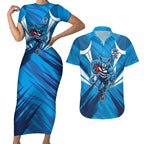 Geelong Cats Australian Football Couples Matching Short Sleeve Bodycon Dress and Hawaiian Shirt Fierce Wildcat Mascot - Bold Team Colors