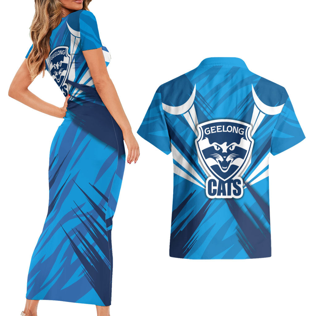 Geelong Cats Australian Football Couples Matching Short Sleeve Bodycon Dress and Hawaiian Shirt Fierce Wildcat Mascot - Bold Team Colors