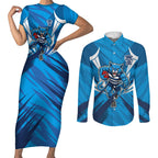 Geelong Cats Australian Football Couples Matching Short Sleeve Bodycon Dress and Long Sleeve Button Shirt Fierce Wildcat Mascot - Bold Team Colors