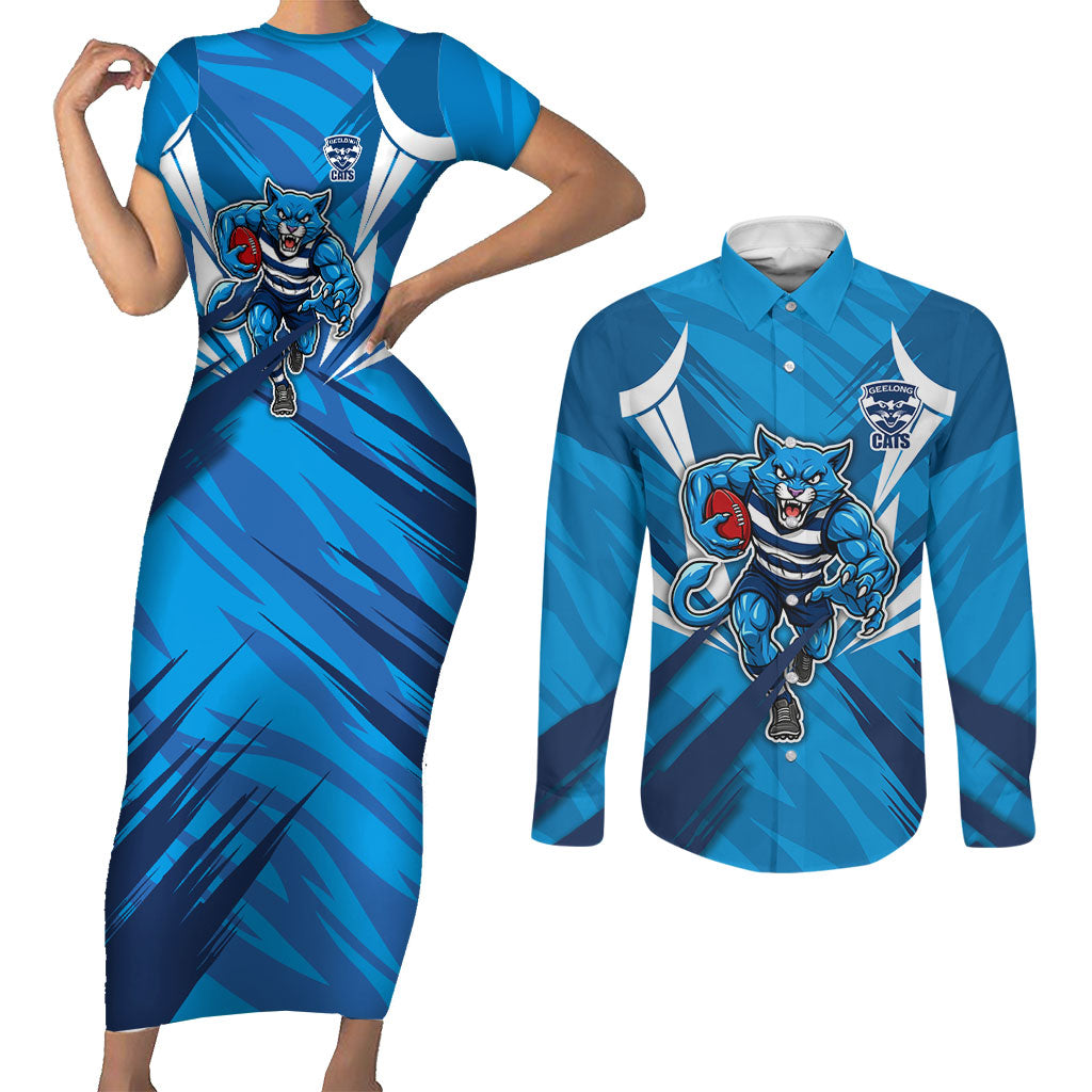 Geelong Cats Australian Football Couples Matching Short Sleeve Bodycon Dress and Long Sleeve Button Shirt Fierce Wildcat Mascot - Bold Team Colors
