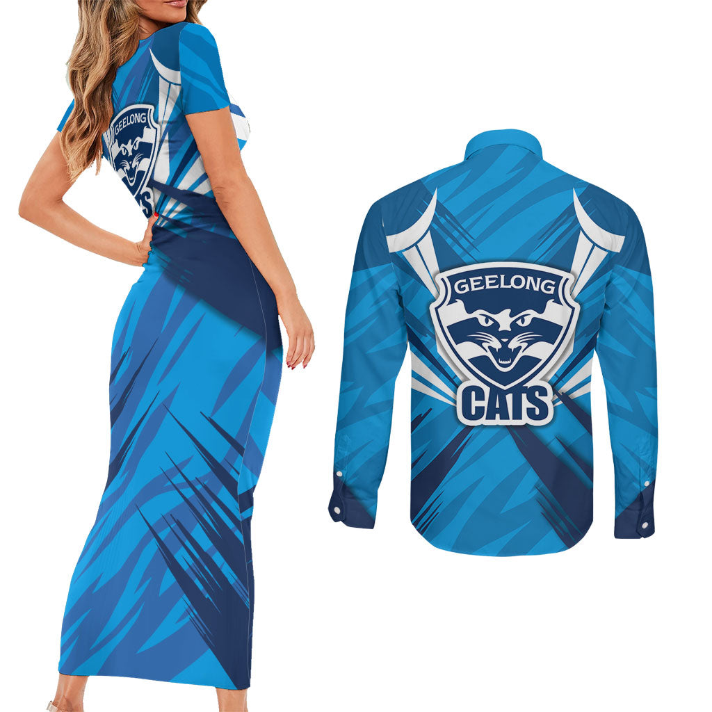 Geelong Cats Australian Football Couples Matching Short Sleeve Bodycon Dress and Long Sleeve Button Shirt Fierce Wildcat Mascot - Bold Team Colors