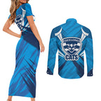 Geelong Cats Australian Football Couples Matching Short Sleeve Bodycon Dress and Long Sleeve Button Shirt Fierce Wildcat Mascot - Bold Team Colors