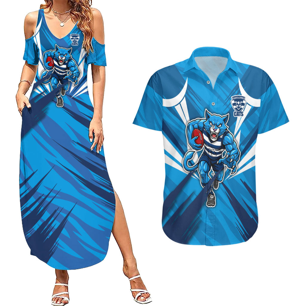 Geelong Cats Australian Football Couples Matching Summer Maxi Dress and Hawaiian Shirt Fierce Wildcat Mascot - Bold Team Colors