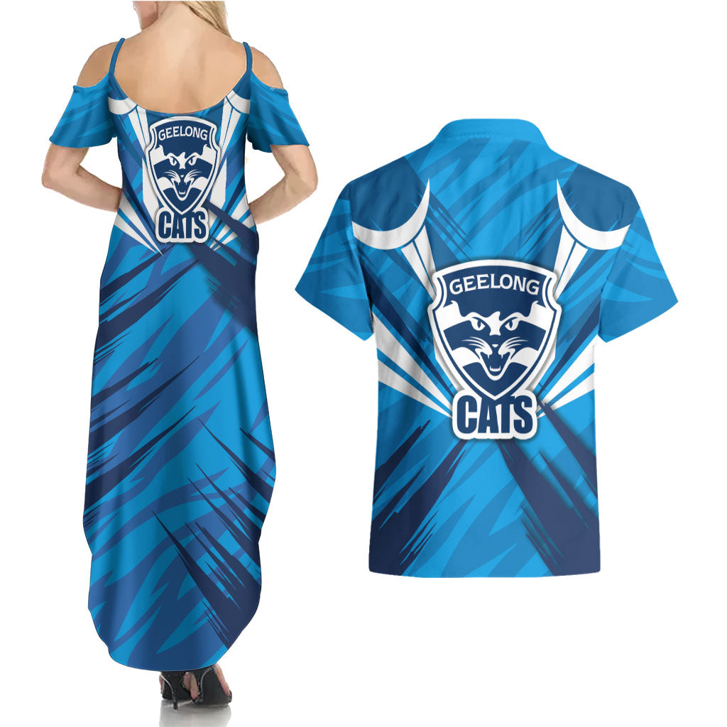 Geelong Cats Australian Football Couples Matching Summer Maxi Dress and Hawaiian Shirt Fierce Wildcat Mascot - Bold Team Colors