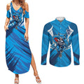 Geelong Cats Australian Football Couples Matching Summer Maxi Dress and Long Sleeve Button Shirt Fierce Wildcat Mascot - Bold Team Colors