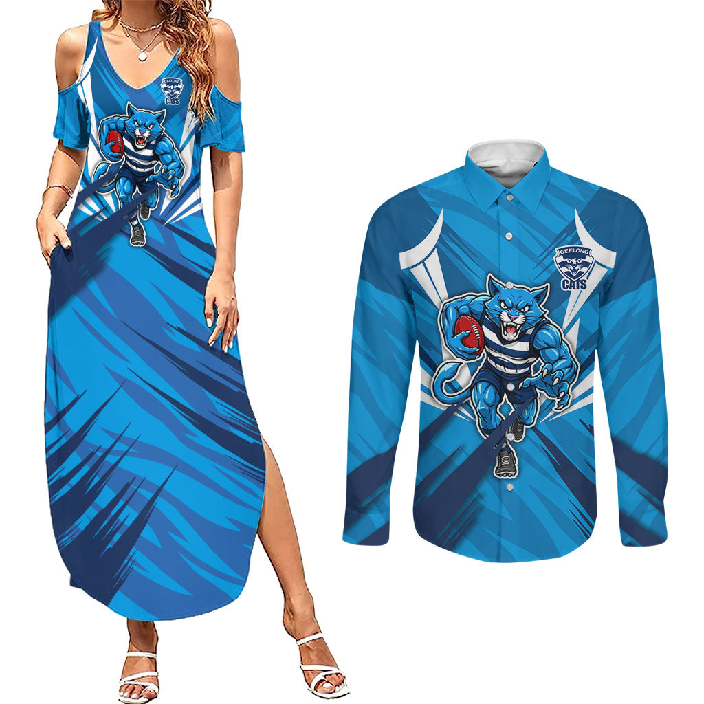 Geelong Cats Australian Football Couples Matching Summer Maxi Dress and Long Sleeve Button Shirt Fierce Wildcat Mascot - Bold Team Colors