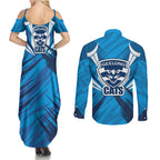 Geelong Cats Australian Football Couples Matching Summer Maxi Dress and Long Sleeve Button Shirt Fierce Wildcat Mascot - Bold Team Colors
