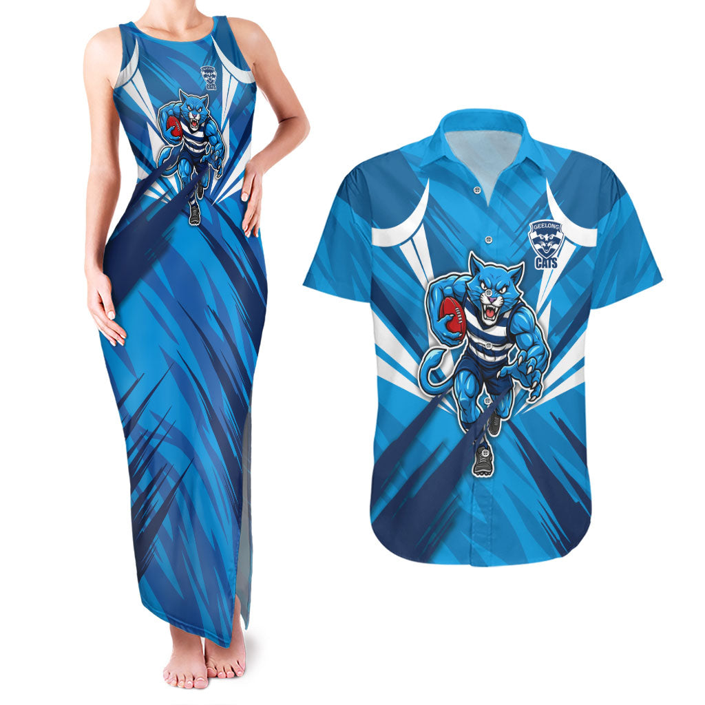 Geelong Cats Australian Football Couples Matching Tank Maxi Dress and Hawaiian Shirt Fierce Wildcat Mascot - Bold Team Colors