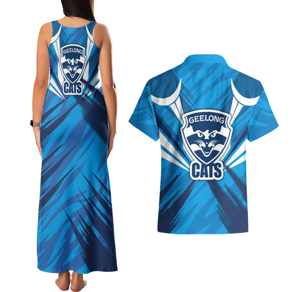 Geelong Cats Australian Football Couples Matching Tank Maxi Dress and Hawaiian Shirt Fierce Wildcat Mascot - Bold Team Colors
