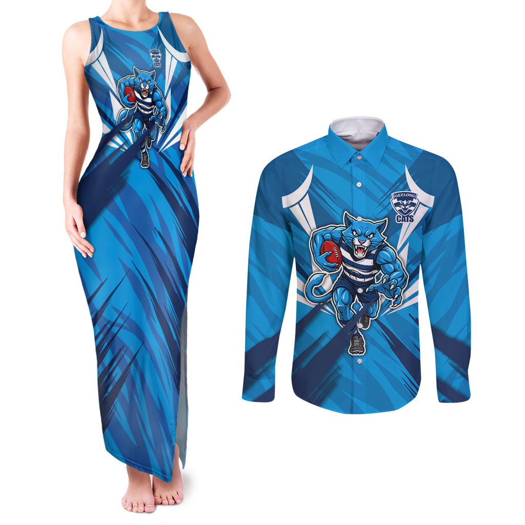 Geelong Cats Australian Football Couples Matching Tank Maxi Dress and Long Sleeve Button Shirt Fierce Wildcat Mascot - Bold Team Colors