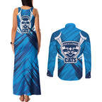 Geelong Cats Australian Football Couples Matching Tank Maxi Dress and Long Sleeve Button Shirt Fierce Wildcat Mascot - Bold Team Colors