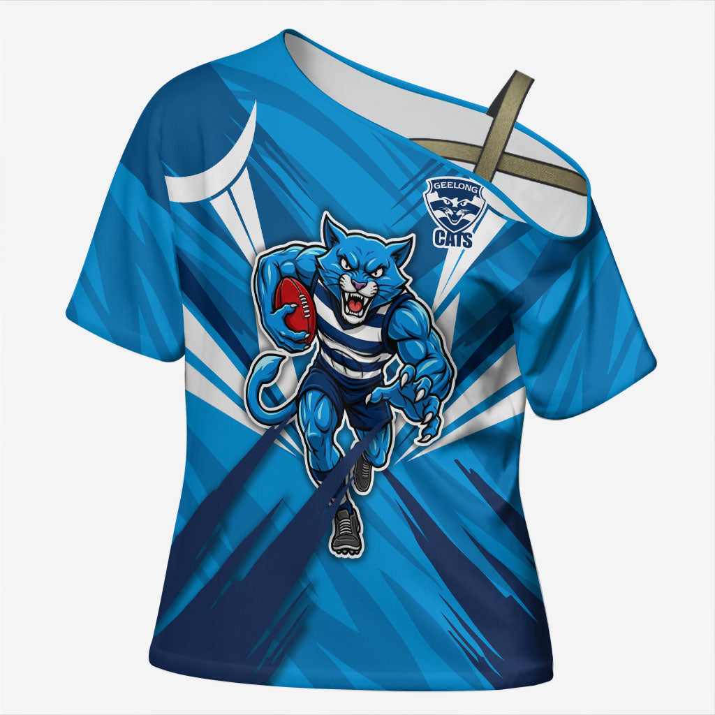 Geelong Cats Australian Football Cross Shoulder Shirt Fierce Wildcat Mascot - Bold Team Colors