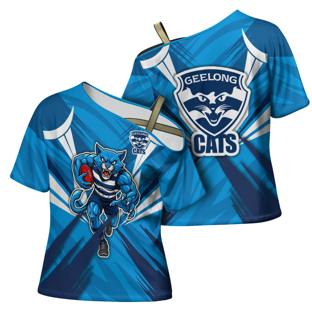 Geelong Cats Australian Football Cross Shoulder Shirt Fierce Wildcat Mascot - Bold Team Colors