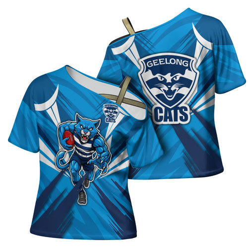 Geelong Cats Australian Football Cross Shoulder Shirt Fierce Wildcat Mascot - Bold Team Colors