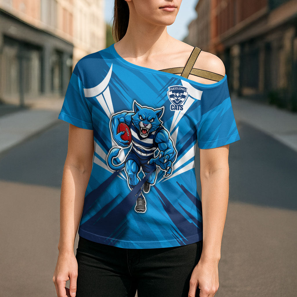Geelong Cats Australian Football Cross Shoulder Shirt Fierce Wildcat Mascot - Bold Team Colors
