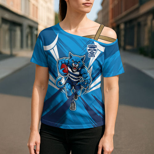 Geelong Cats Australian Football Cross Shoulder Shirt Fierce Wildcat Mascot - Bold Team Colors