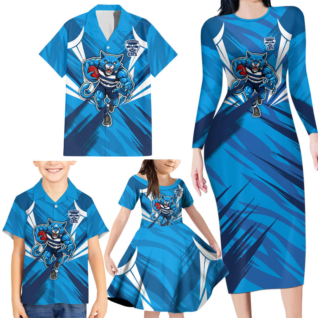 Geelong Cats Australian Football Family Matching Long Sleeve Bodycon Dress and Hawaiian Shirt Fierce Wildcat Mascot - Bold Team Colors