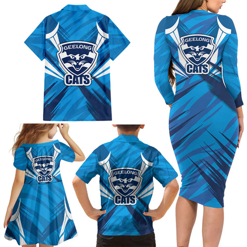 Geelong Cats Australian Football Family Matching Long Sleeve Bodycon Dress and Hawaiian Shirt Fierce Wildcat Mascot - Bold Team Colors