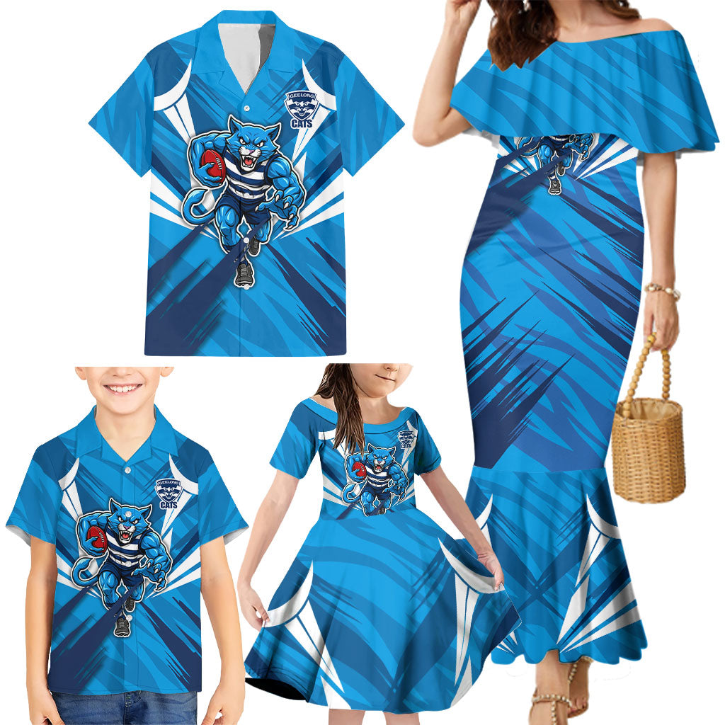 Geelong Cats Australian Football Family Matching Mermaid Dress and Hawaiian Shirt Fierce Wildcat Mascot - Bold Team Colors