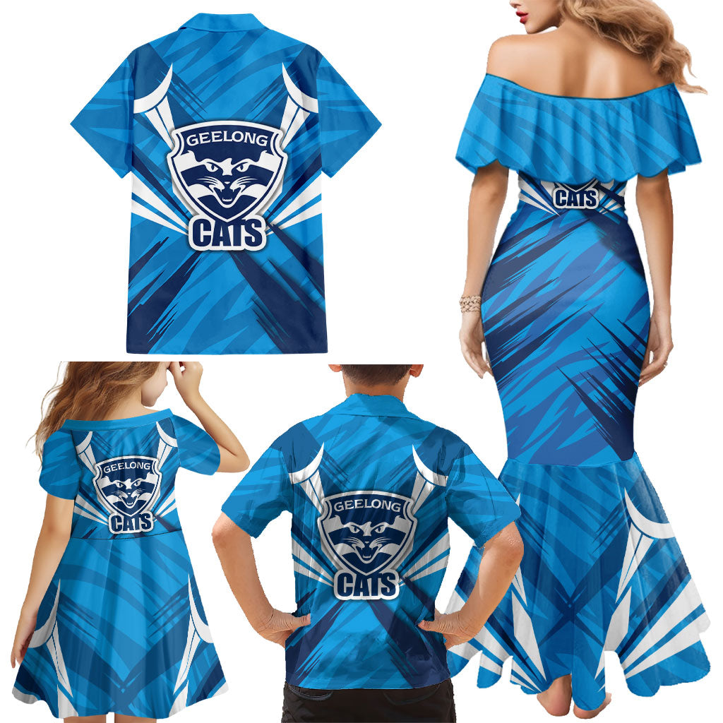 Geelong Cats Australian Football Family Matching Mermaid Dress and Hawaiian Shirt Fierce Wildcat Mascot - Bold Team Colors