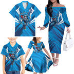 Geelong Cats Australian Football Family Matching Off The Shoulder Long Sleeve Dress and Hawaiian Shirt Fierce Wildcat Mascot - Bold Team Colors