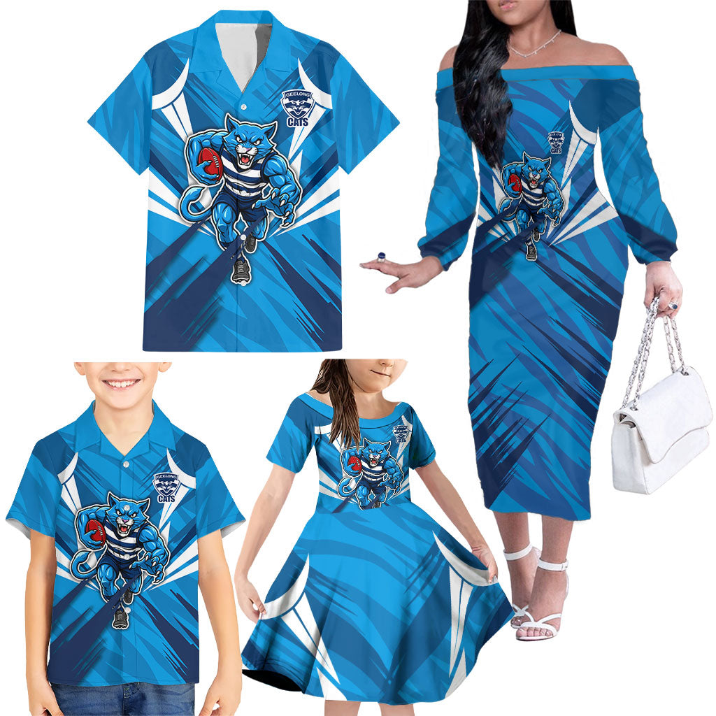 Geelong Cats Australian Football Family Matching Off The Shoulder Long Sleeve Dress and Hawaiian Shirt Fierce Wildcat Mascot - Bold Team Colors