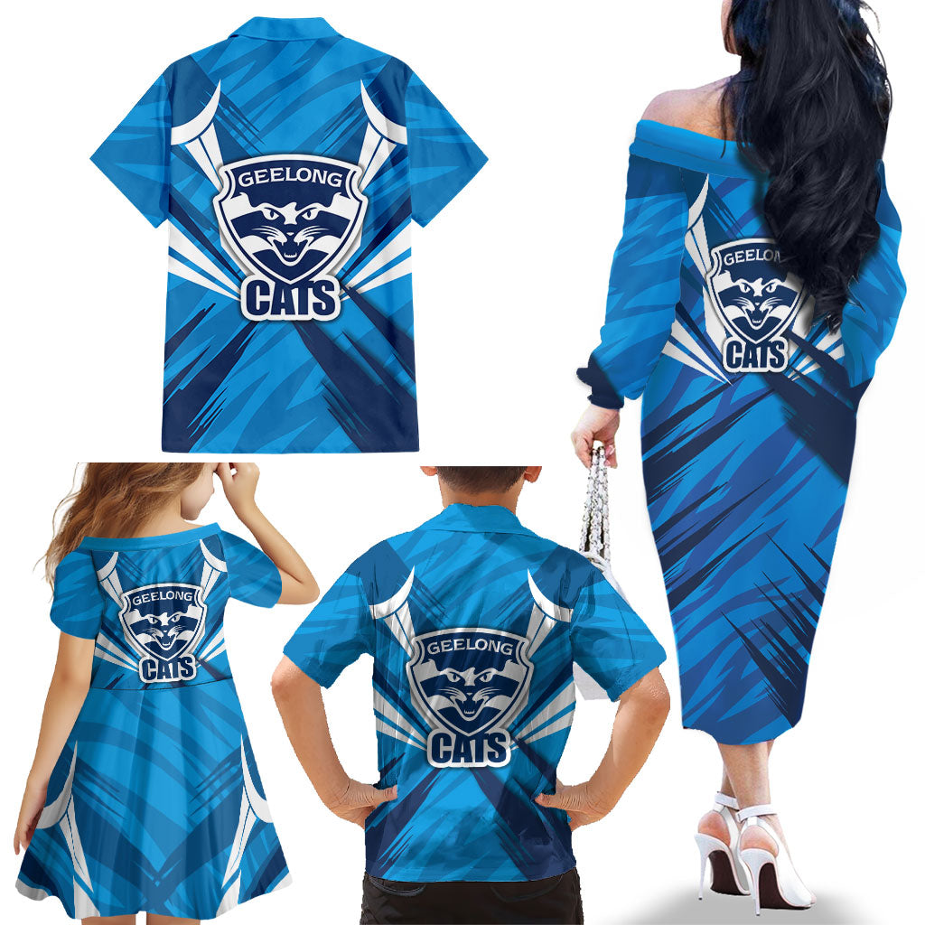 Geelong Cats Australian Football Family Matching Off The Shoulder Long Sleeve Dress and Hawaiian Shirt Fierce Wildcat Mascot - Bold Team Colors