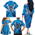Geelong Cats Australian Football Family Matching Off The Shoulder Long Sleeve Dress and Hawaiian Shirt Fierce Wildcat Mascot - Bold Team Colors