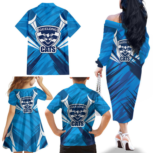Geelong Cats Australian Football Family Matching Off The Shoulder Long Sleeve Dress and Hawaiian Shirt Fierce Wildcat Mascot - Bold Team Colors