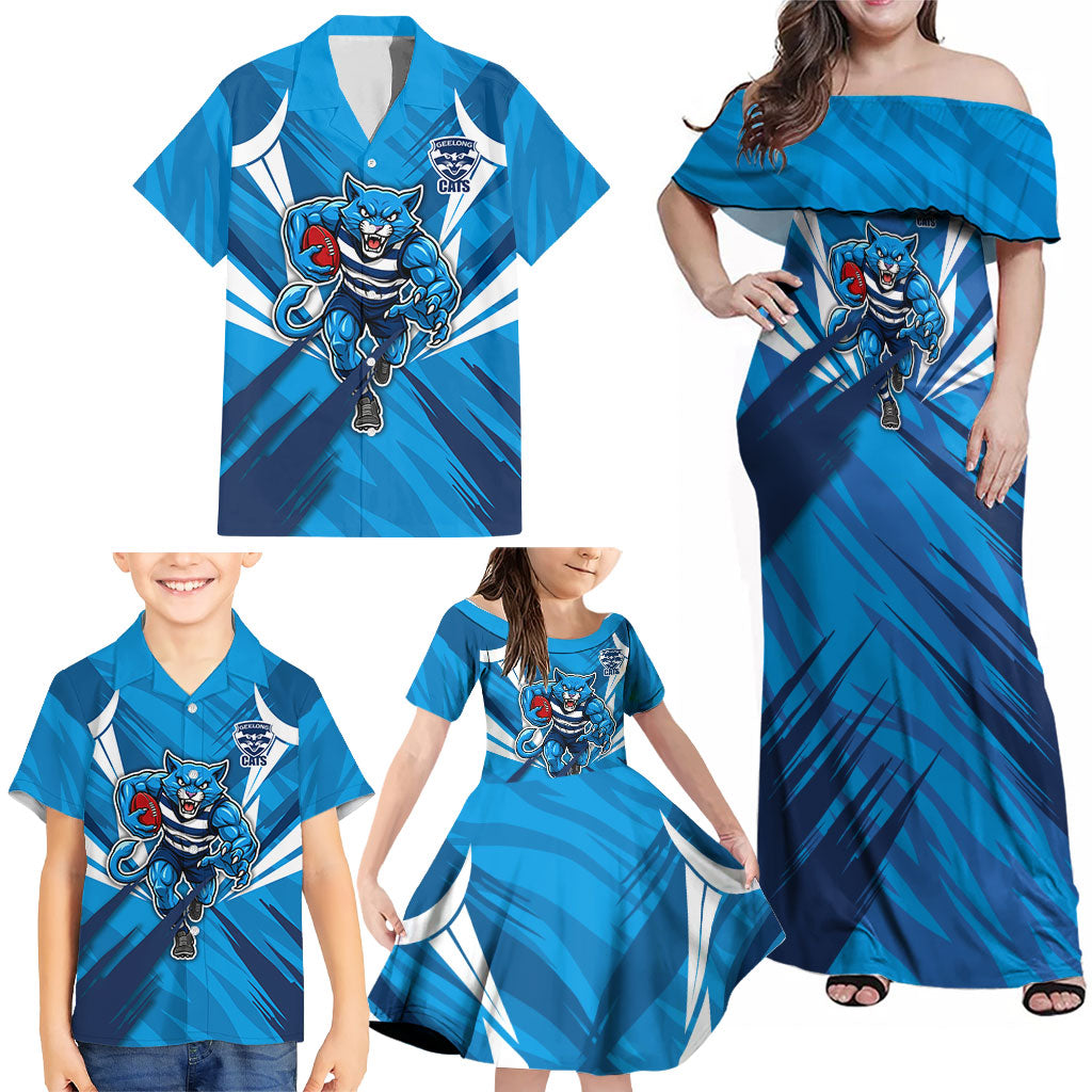Geelong Cats Australian Football Family Matching Off Shoulder Maxi Dress and Hawaiian Shirt Fierce Wildcat Mascot - Bold Team Colors