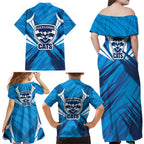 Geelong Cats Australian Football Family Matching Off Shoulder Maxi Dress and Hawaiian Shirt Fierce Wildcat Mascot - Bold Team Colors