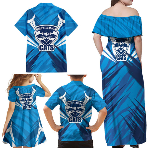 Geelong Cats Australian Football Family Matching Off Shoulder Maxi Dress and Hawaiian Shirt Fierce Wildcat Mascot - Bold Team Colors