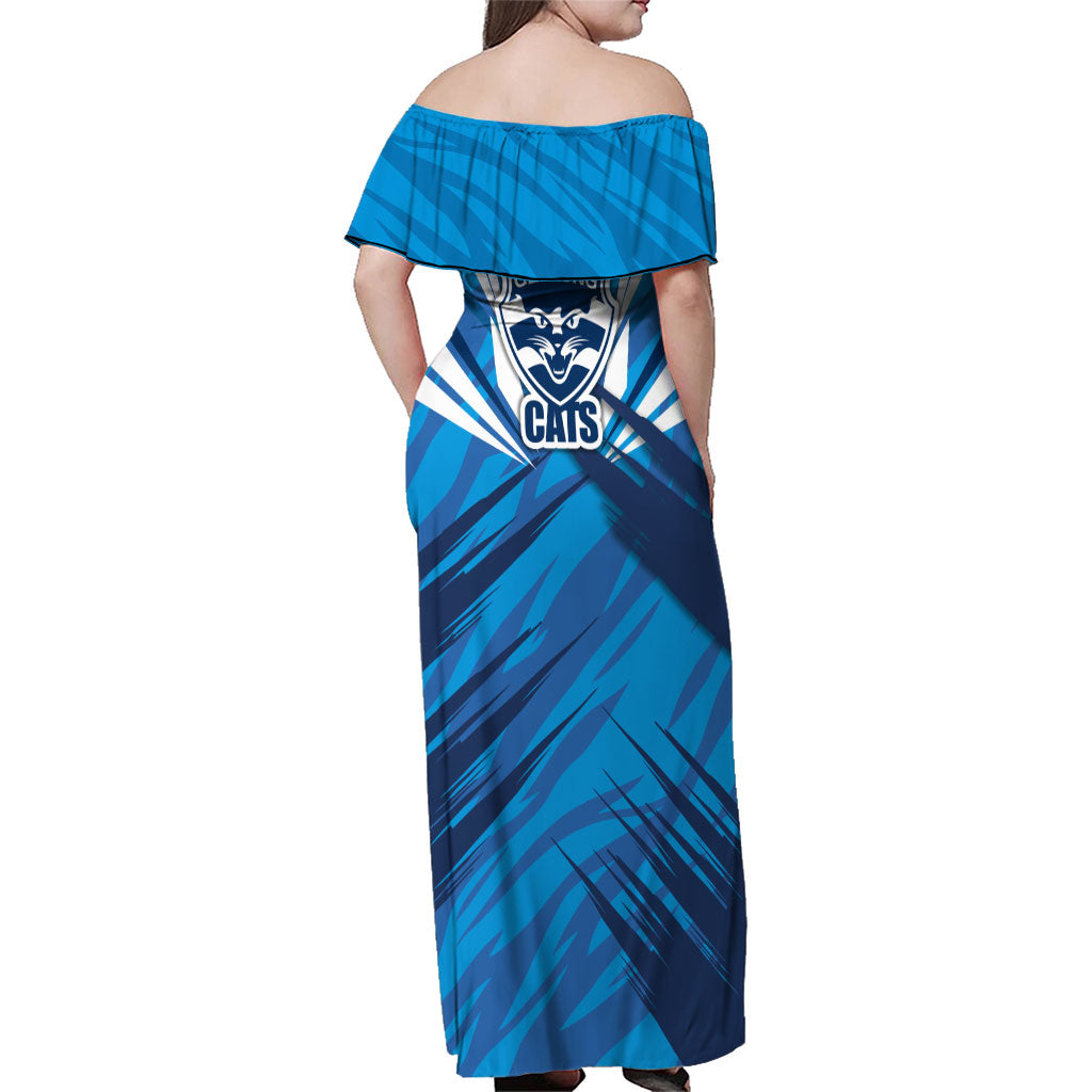Geelong Cats Australian Football Family Matching Off Shoulder Maxi Dress and Hawaiian Shirt Fierce Wildcat Mascot - Bold Team Colors
