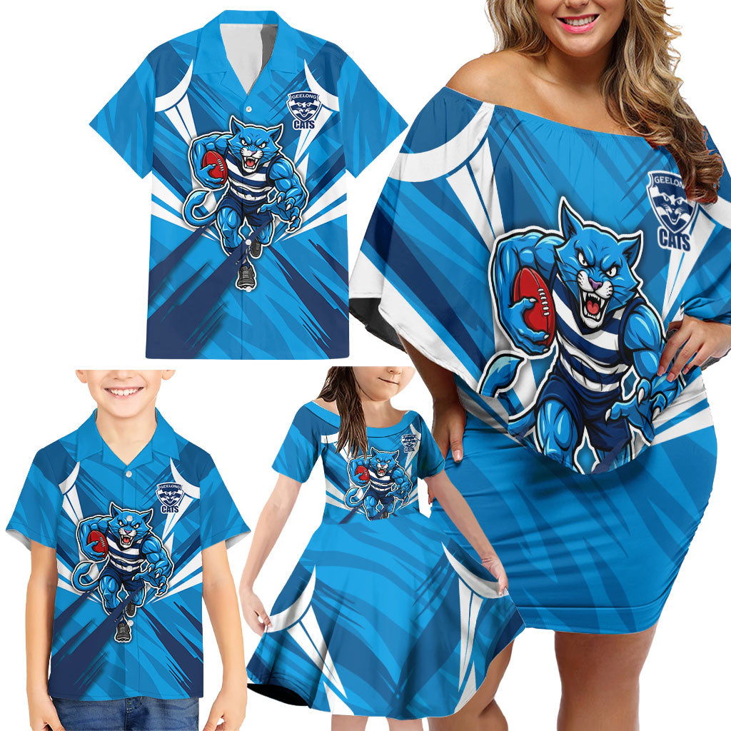 Geelong Cats Australian Football Family Matching Off Shoulder Short Dress and Hawaiian Shirt Fierce Wildcat Mascot - Bold Team Colors