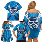 Geelong Cats Australian Football Family Matching Off Shoulder Short Dress and Hawaiian Shirt Fierce Wildcat Mascot - Bold Team Colors