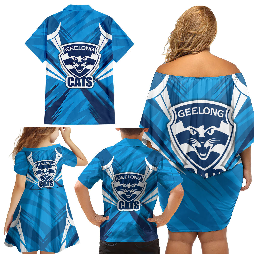 Geelong Cats Australian Football Family Matching Off Shoulder Short Dress and Hawaiian Shirt Fierce Wildcat Mascot - Bold Team Colors