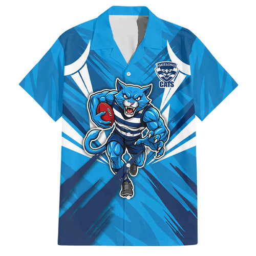 Geelong Cats Australian Football Family Matching Off Shoulder Short Dress and Hawaiian Shirt Fierce Wildcat Mascot - Bold Team Colors