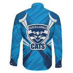 Geelong Cats Australian Football Family Matching Off Shoulder Short Dress and Hawaiian Shirt Fierce Wildcat Mascot - Bold Team Colors
