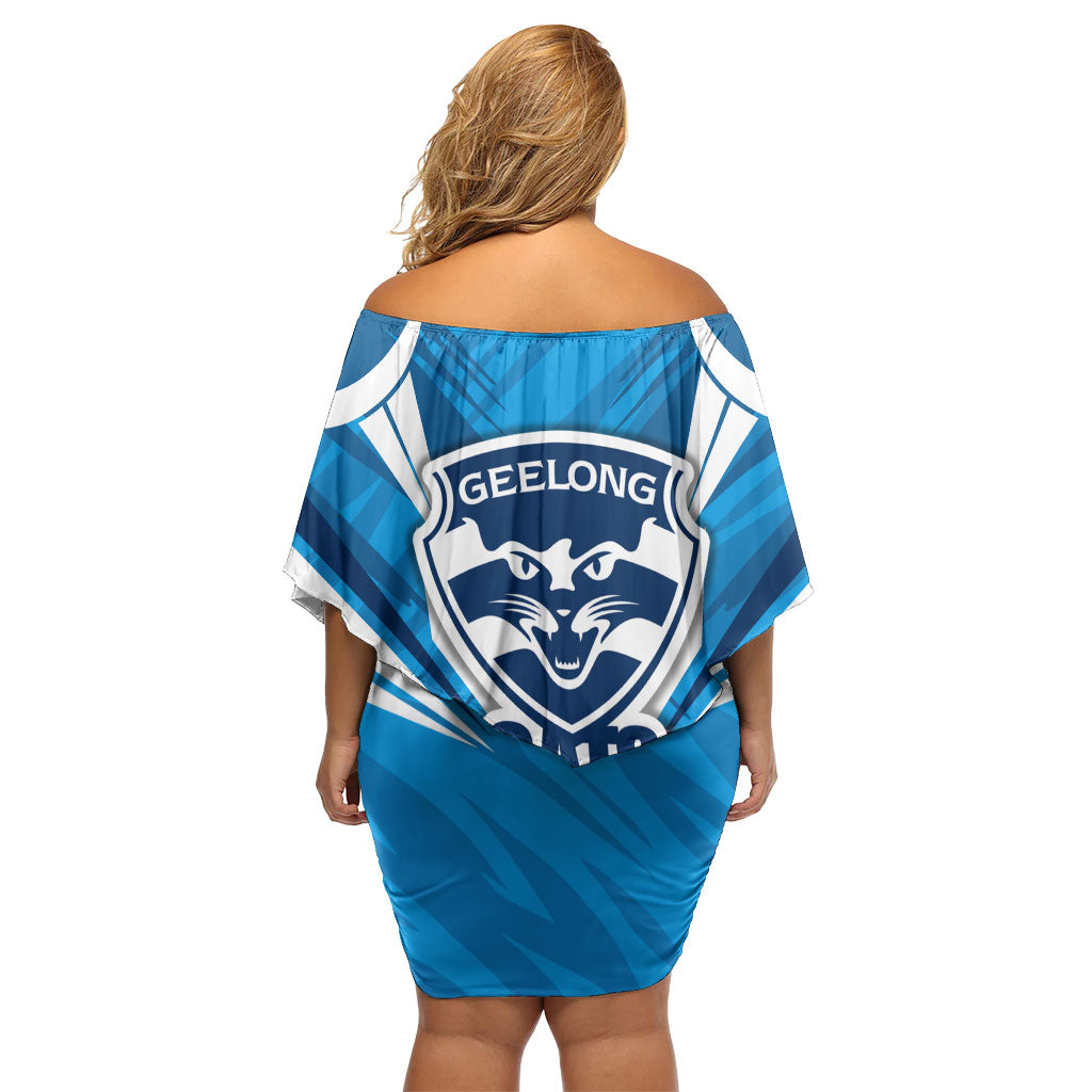 Geelong Cats Australian Football Family Matching Off Shoulder Short Dress and Hawaiian Shirt Fierce Wildcat Mascot - Bold Team Colors