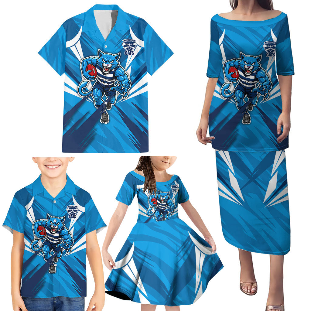 Geelong Cats Australian Football Family Matching Puletasi and Hawaiian Shirt Fierce Wildcat Mascot - Bold Team Colors
