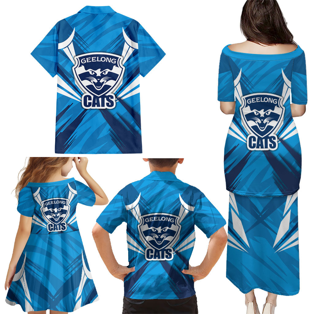 Geelong Cats Australian Football Family Matching Puletasi and Hawaiian Shirt Fierce Wildcat Mascot - Bold Team Colors